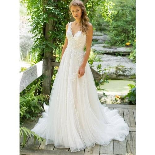 Lace V Neck A-Line Wedding Gown with Straps Elegant Low V-Back Backless Tulle Custom Made Vintage A Line Appliqued Bridal Dress