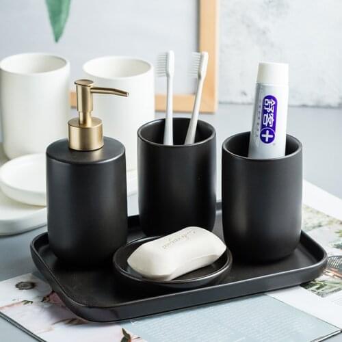 Bathroom Wash Set Simple Ceramic Hand Soap Dispenser Mouthwash Cup Soap Dish Home Bath Washing Accessory Suit Black White