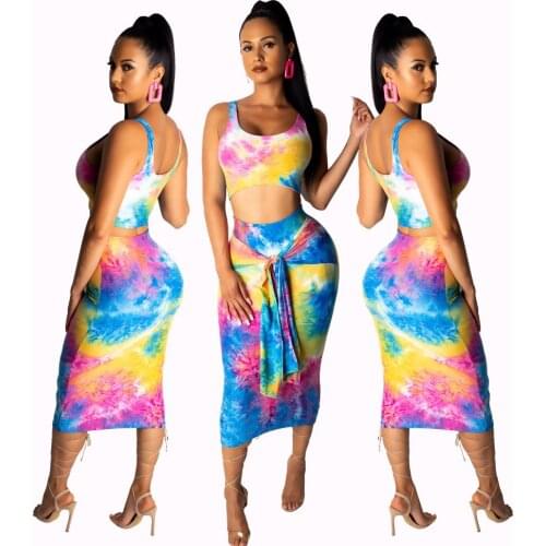 2021 Summer New Style Sexy Temperament Fashion Tie-Dye Sleeveless Vest Long Skirt Suit Two-Piece Suit