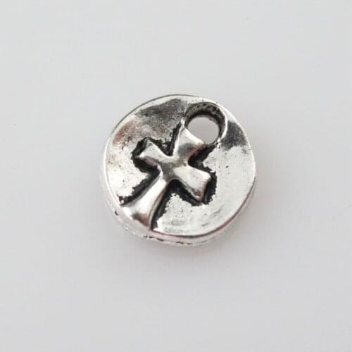 New 45Pcs Tibetan Silver Color Round Cross Charms Pendants 9.5mm