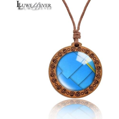 Grid Pattern Necklace 740 25mm Bronze 30mm Wood Rhinestone Double-sided Moon Round Glass Pendant For Women Gift