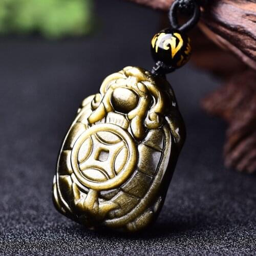 Drop Shipping Men Necklace Pendant Gold Obsidian Carved Dragon Turtle Money Turtle Pendant Gift for Women Jades Jewelry
