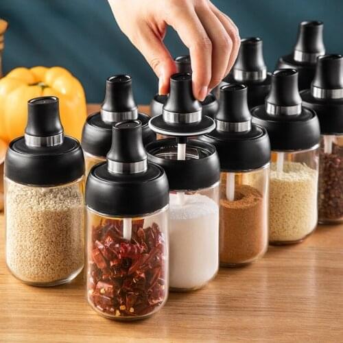 Glass Spice Box Spoon and Lid Integrated Spice Jar Combination Seasoning Jar Kitchen Supplies Home Salt Shaker Oil Bottle Set