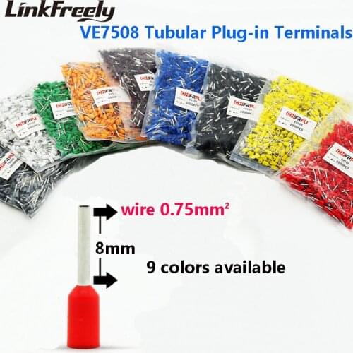 1000pcs VE7508 E7508 Tubular Insulated Electrical Wire Terminal Connector Faston Cable Heat Shrink Splice Terminal Crimp Pin