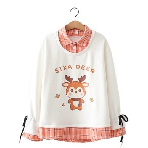 Mori girl Style Cartoon Deer Print Fleece Fake 2 Piece Turn-down Collar Check Pattern Plus Velvet Sweatshirts Women 2011356