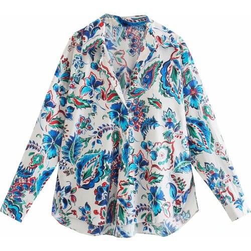 Za womens new summer and autumn retro flower print simple style loose Lapel shirt casual poplin top