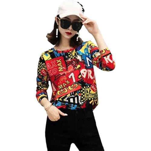 T-Shirts 2020 New Autumn winter Women cotton T-Shirt Graffiti print Loose Base Casual Long Sleeve O-Neck Streetwear Tees Tops