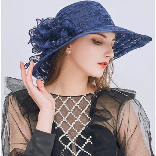 Navy Blue Lace Bridal Hats Church Derby Fascinator Gold Cap Women Lady Kentucky Tea Party Wedding Bow Hat Accessories 2021