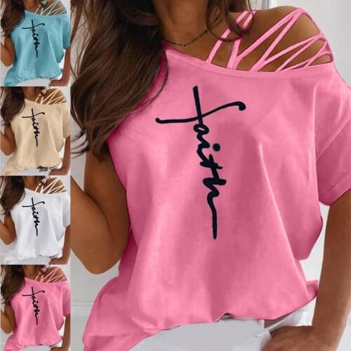 Women Fashion Casual Letter Print Hollow Ou One Off Shoulder Strappy Slant Collar Blouse T-shirt Streetwear for Daily Life loki