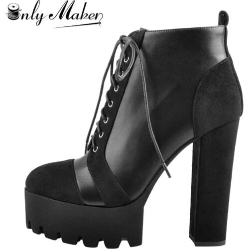 Onlymaker Womens Platform High Heel Block Chunky Round Toe Lace Up Ankle Boots Faux Leather Comfortable Shoes Big Size US15