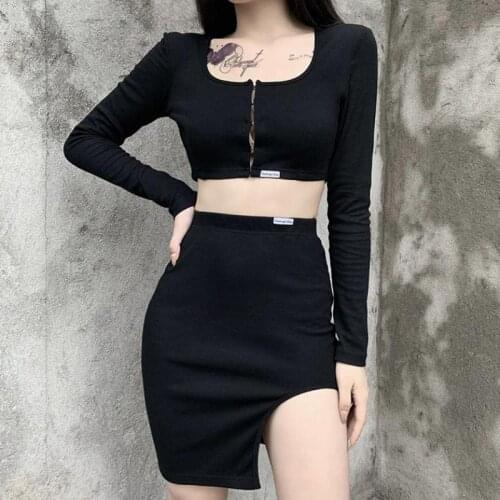 European And American Sexy Autumn Two-piece Short Skirt Versatile Design Sense Split High Quality Slim Womens Set
