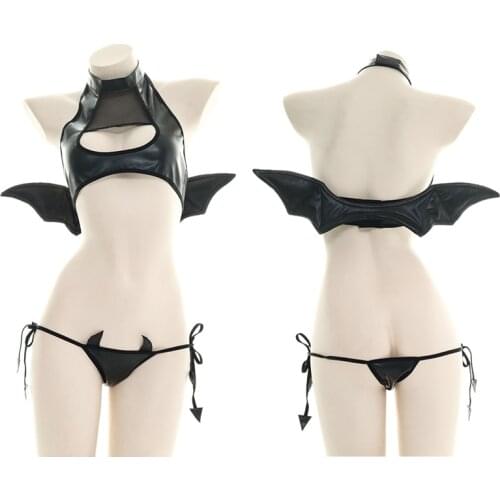 Japanese Womens Devil Cosplay Costumes Sexy Hollow Out Tank with Wings Punk Lolita Anime Bikini Set Wholesale