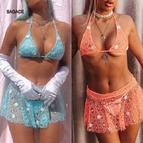 SAGACE 2-Piece Crochet Bikini Set Women Summer Split Swimsuit Sexy Solid Push Up Bikini Swimwear Lady Holiday Beach biquini A423