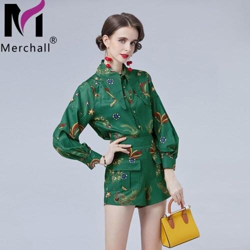 2021 Runway Vintage Woman Green Shorts Suits Turn Down Collar Latern Sleeve Shirt + Pockets Mini Shorts Two Piece Sets M68618