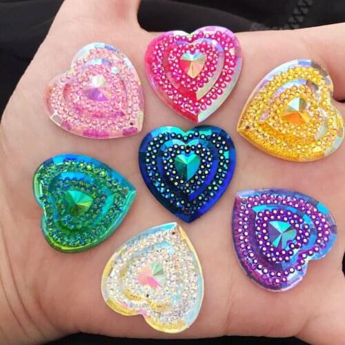 12PCS AB Resin 25mm heart Flat back rhinestone Wedding Embellishment diy 2 hole appliques SK41*2