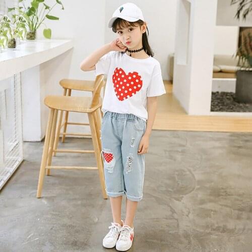 2019 Fashion Pretty Summer Toddler Baby Girls 2PCS Sets Short Sleeve Heart Pattern Tops + Hole Denim Pants Outfit 1-8 Years