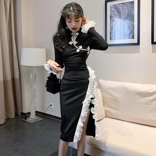2020 Women Sexy Oriental Dress Black Vintage Darkness Lolita Dress Sweet Basic Japan Fashion Girls Qipao Cheongsams Style 10324