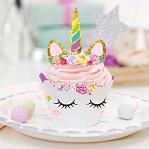 24pcs/set Girl Gold Unicorn Happy Birthday Cake Borders Toppers Wrappers Wedding Birthday Party Dessert Cake Decorating Supplies