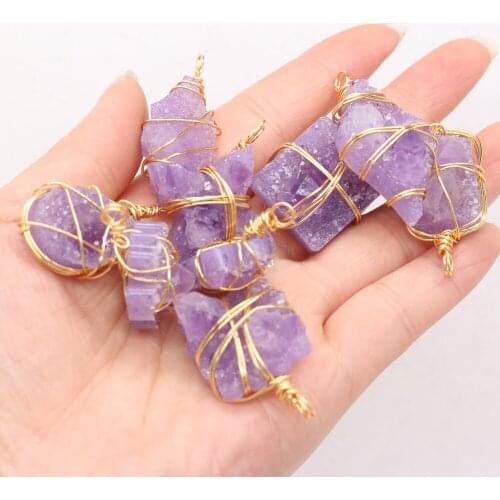 Amethyst Natural Semi-precious Stones Hand-wound Gold Wire Irregular Pendant or Jewelry Making DIY Necklace Accessorie Wholesale