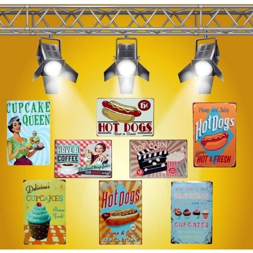 Fresh Hot Dogs Metal Tin Signs Pop Corn Cupcakes Home Decor For Bar Cafe Hotel Bakery Shop Retro Coffee Wall Poster YN005