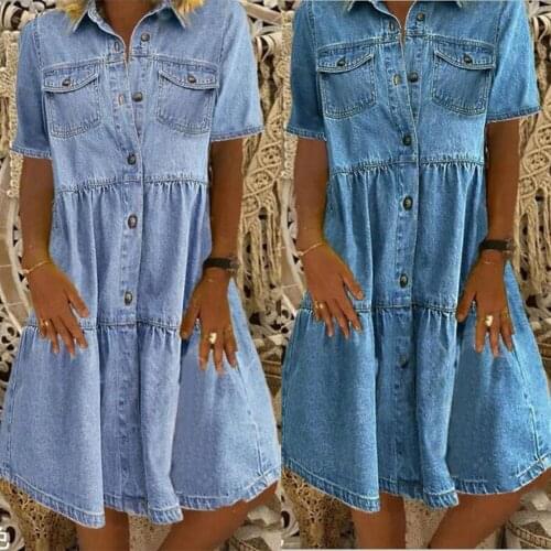 Helisopus Summer Casual Loose Plus Size Dresses for Women Fashion Denim Retro Button Turn Down Collar Short Sleeved Mini Dress