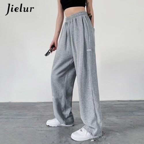 Jielur Casual Grey Pants Women High Waist Applique Chic Cool Harajuku Sweatpants Comfortable Elastic Waist Loose Pants Pockets