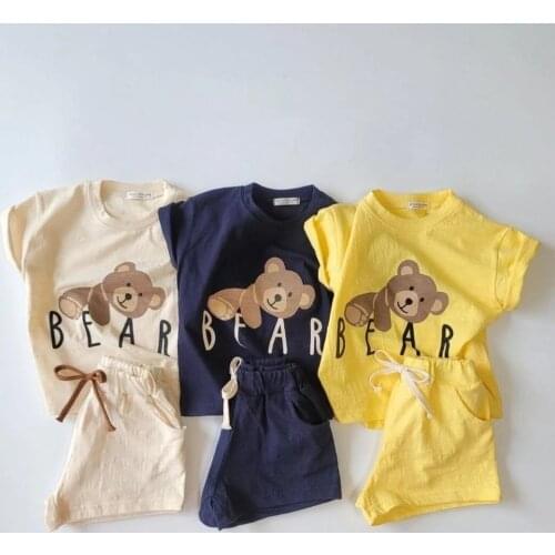 Korean Baby Kids Cartoon Bear Clothing Set Toddler Baby Boy Girl Cotton Tshirt Short Sets Tshirts + Shorts 2pcs 2021 Summer