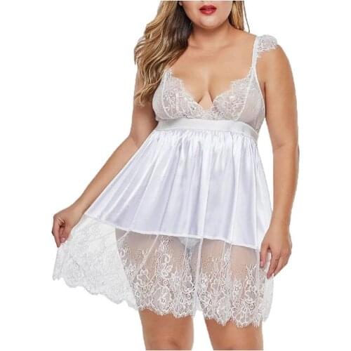 5XL Lady Sexy Deep V Big Size Silk Lace Sleepdress Sling Nighties Charming Nightdress