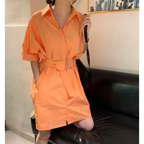 Summer 2020 polo shirt dress slim waist all-match long dress with belt lined dress for women 0704