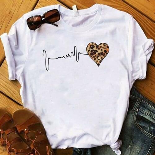 Summer Womens T-shirt Leopard Print Love Graphic Print T-shirt Casual Harajuku Womens Top Short Sleeve Oversized T-shirt Lad
