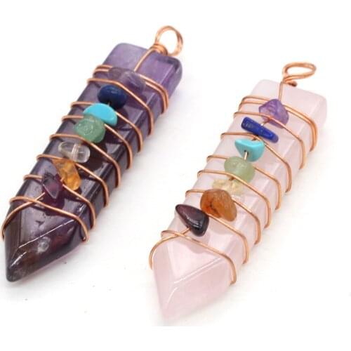 Natural Stone 7 Chakra Reiki Heal Pendants Irregular Gems Charm Column Shape for Necklace Bracelet Jewelry Making 14x60mm