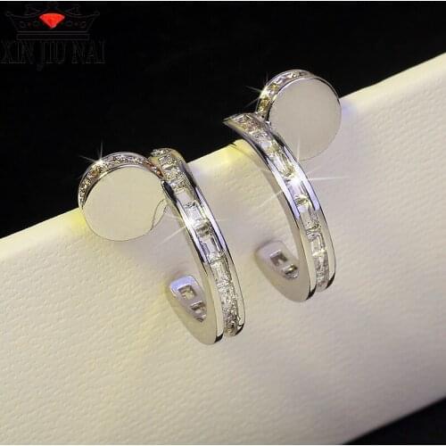 New hot selling Korean fashion personality creative zircon female nails silver diamond earrings half-moon-shaped womens jewelry
