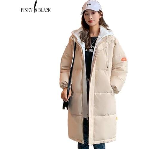 PinkyIsBlack 2021 Snow Wear Long Winter Coat Women Spliced Hooded Warm Parkas Female Hooded Padded Winter Jackets Women Clothing