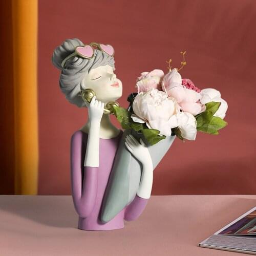 Nordic Cute Girl Vase Resin Ornaments Home Livingroom Desktop Dried Flower Pot Flower Arrangement Figurines Crafts Decoration