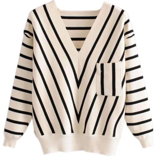 Women Autumn Long Sleeve V Neck Stripes Pockets Loose Sweater Knitwear Pullover
