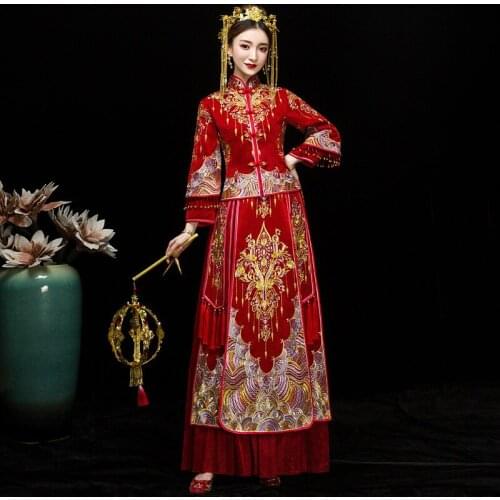Red Gold Chinese Style Traditional Wedding Long Cheongsam Dress Refined Banquet Stylish Elegant Bride китайская одежда