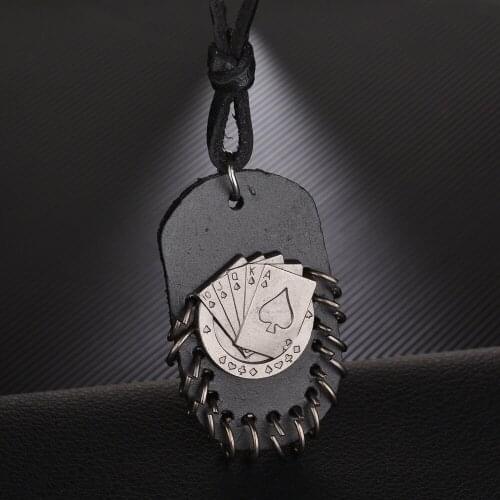 Vintage Playing Cards Poker 10 J Q K A Pendant Necklace Adjustable Drawstring Hip Hop Black Retro Rope Chain Necklace Men Women