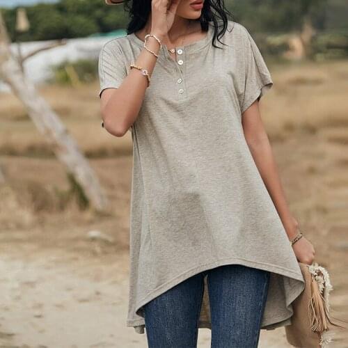 Women styled t shirt 2021 New O-neck buttons short sleeve mid-long pullovers t shirt front short back long styled summer tops