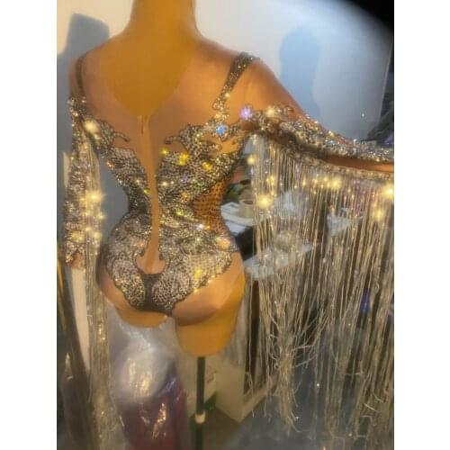 Women Gogo Dance Costumes Sequins Tassel Bodysuit Stretch High-Fork Short One-Piece Stage Performance Festival Costume DN9759
