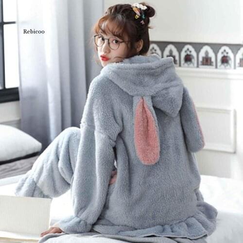 Womens Hooded Flannel Pajamas Set Warm Sexy Princess Bow Sleepwear Set Women Cartoon Sweet Homewear Long Sleeve Coat Pant