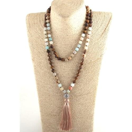 Fashion Bohemian Tribal Jewelry 108 Beads Necklace 8MM Natural Stone Tassel Yoga Necklace For Women Lariat Necklaces