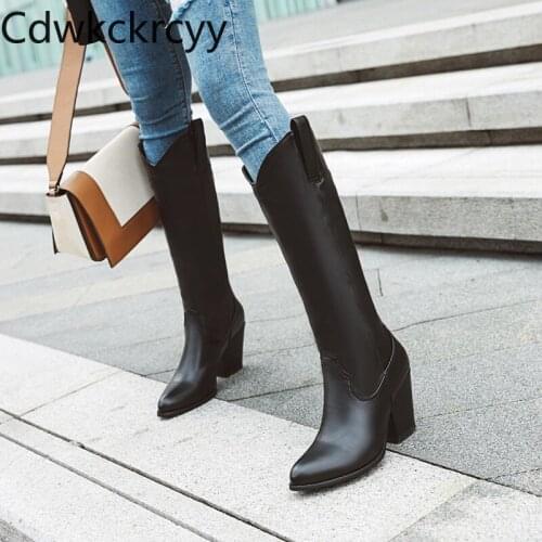 Winter The New fashion Pointed Thick heel Tall tube Knight boots Plus cashmere Keep warm High heel Women boots plush size 34-43