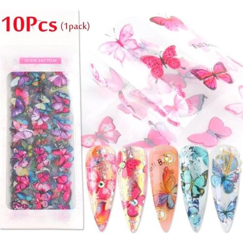 10sheets/Set Holographic Nail Butterfly Stickers Watercolor Decals Blue Flowers Sliders Wraps Manicure Kit Nail Art Decorations