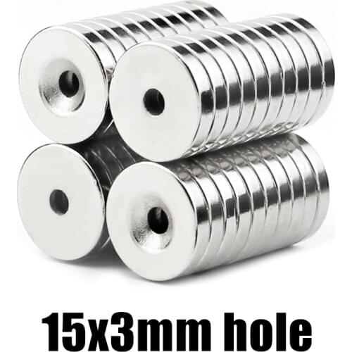 100pcs Super Strong Round Neodymium Countersunk Ring Magnets 15mm x 3mm Hole: 3mm N50 Neodymium Magnet Free Shipping