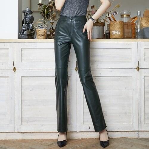 Fashion Pants Women High Waist Genuine Leather Pants Trousers Flare Pants Black Red Plus Size Vintage Loose Sheepskin Pants