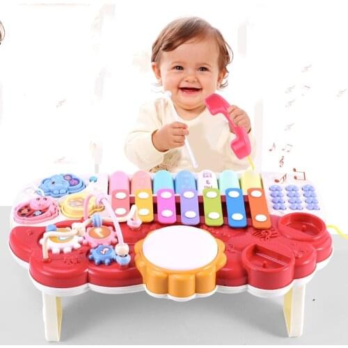 Baby Musical Toys Multifunction Toys Kids Drum Set with Phone Bead Maze Gear Piano Birthday Gifts for Kids OF14