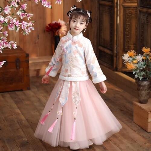 Kids New Year Dress Clothes Autumn Winter New Embroider Girls Hanfu Cheongsam Chinese Tradition Wedding Flower Girl Dresses