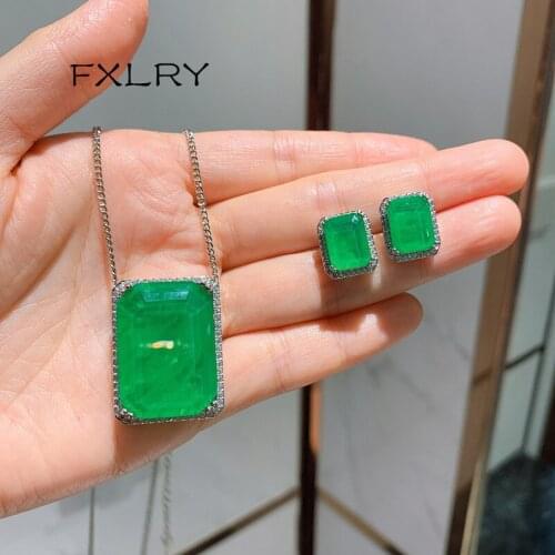 FXLRY Geometric Jewelry Set green/bule Big Pendant Necklace Stud Earrings Crytal Stone Bridal Wedding Women Jewelry Sets