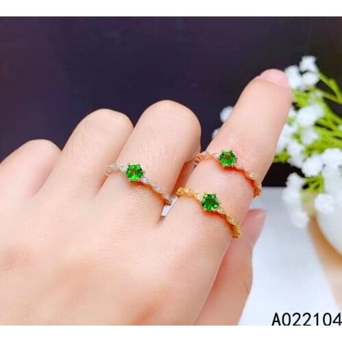 KJJEAXCMY fine jewelry 925 sterling silver inlaid Natural Diopside women fresh vintage round adjustable gem ring support detecti