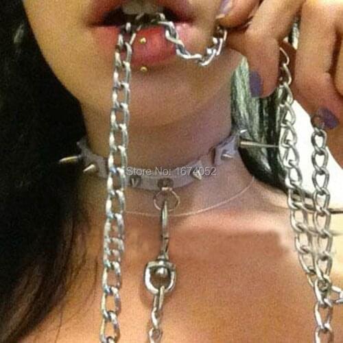 Sexy Punk Handmade Pop Rock 2 Heart Long Spikes Studded Haning Circle Leather Choker Collar Necklace